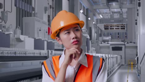 Close Up Of Asian Female Engineer With Safety Helmet Thinking And Looking Around Then Raising Her Index Finger At Pharmaceutical Factory, Vaccine Production Facility