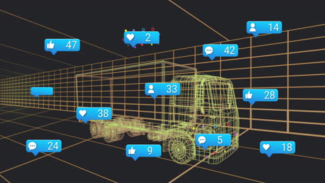 animation of wireframe truck surrounded by social media icons in digital scene
