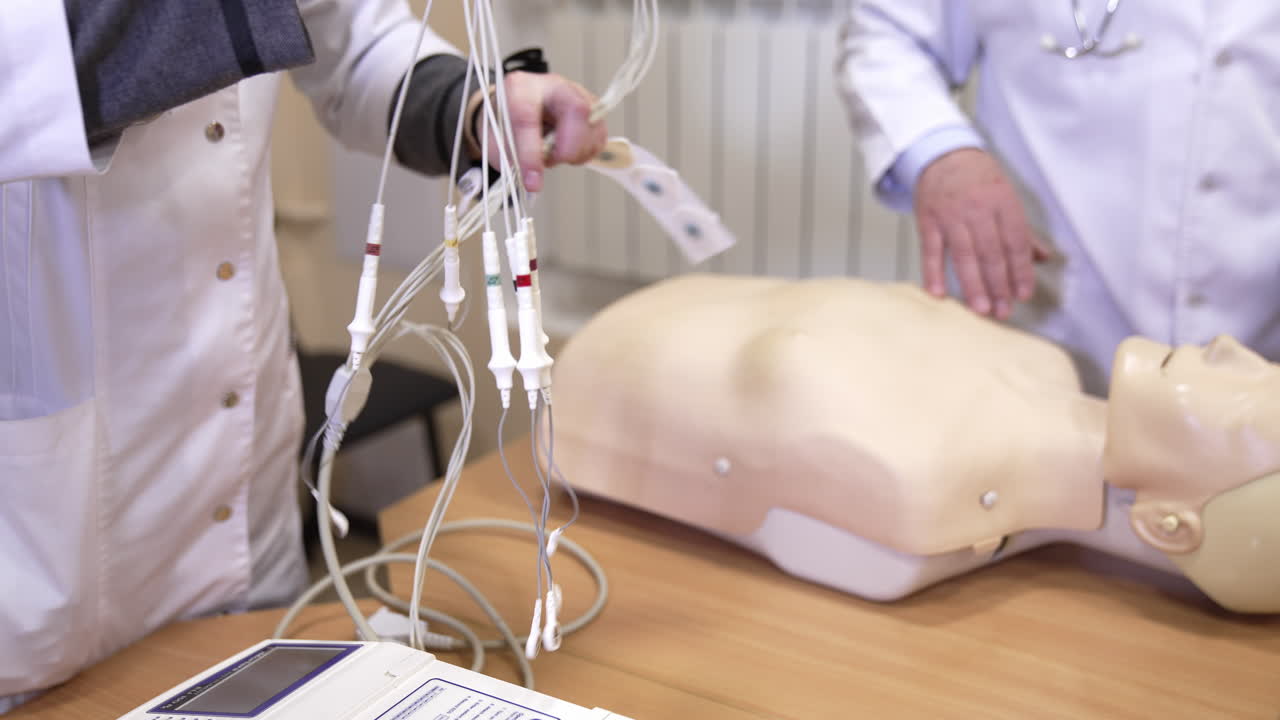 Training with medical dummy. Close up view of training medical procedure