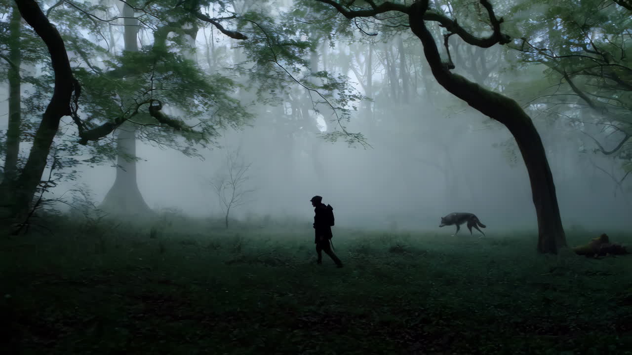 Hiker and Wolf in a Foggy Forest