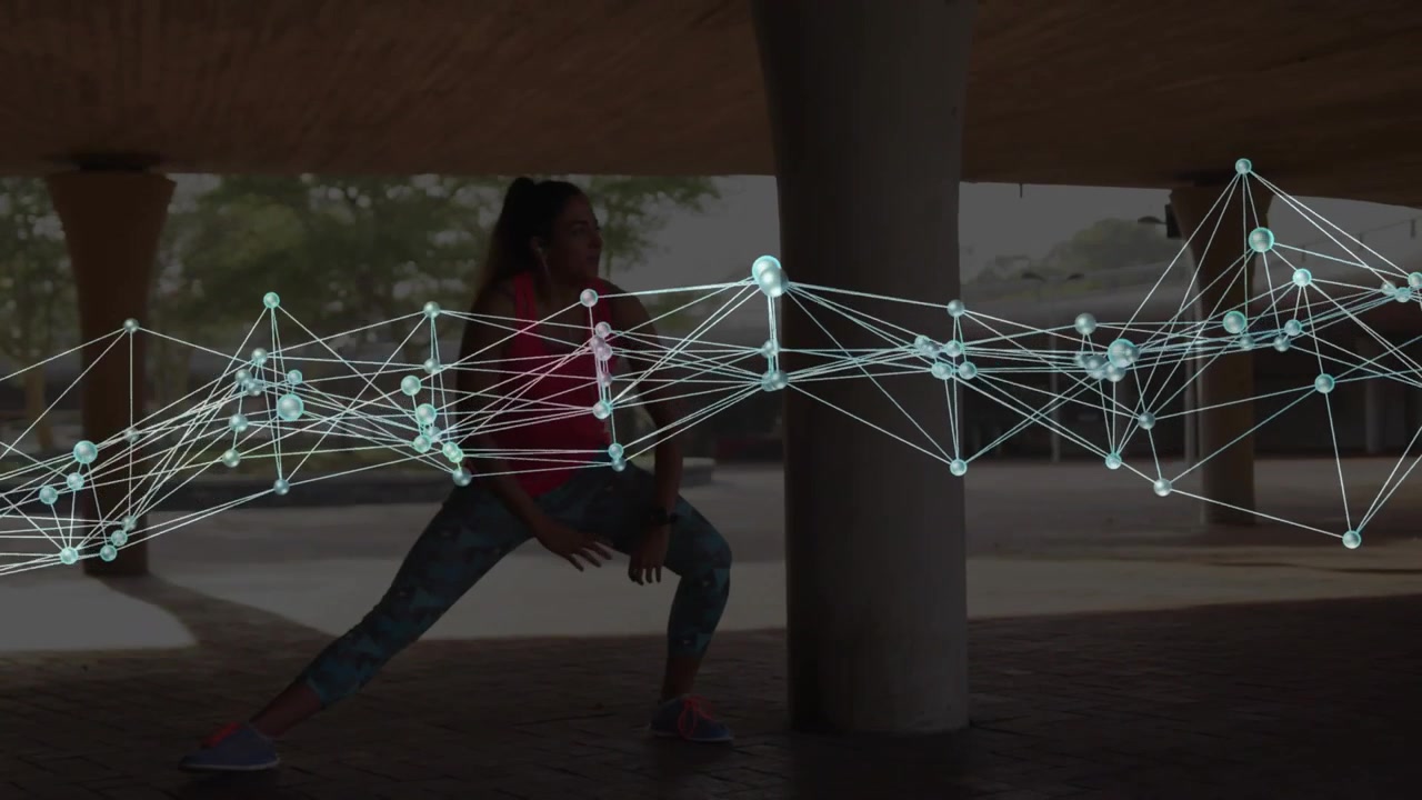 Woman shifting weight, performing side lunge under canopy, nodes sliding across midline, fitness