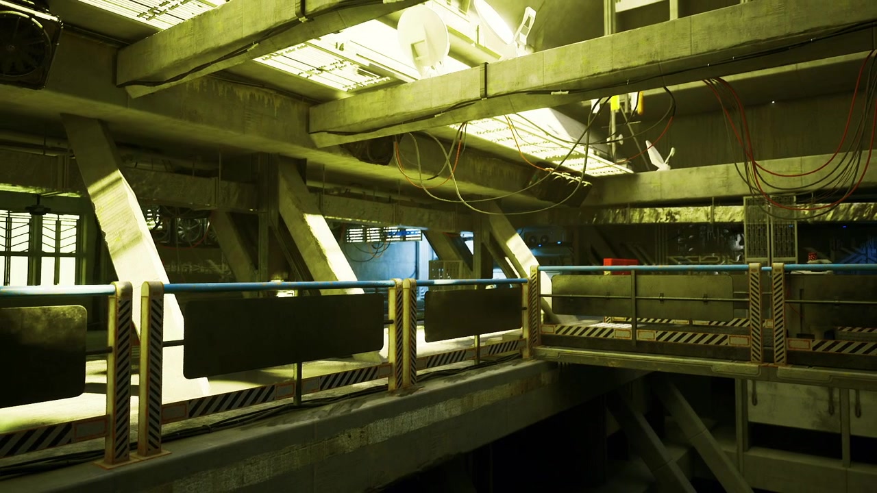 Dark industrial area ambiance eerie factory corner with dim lighting