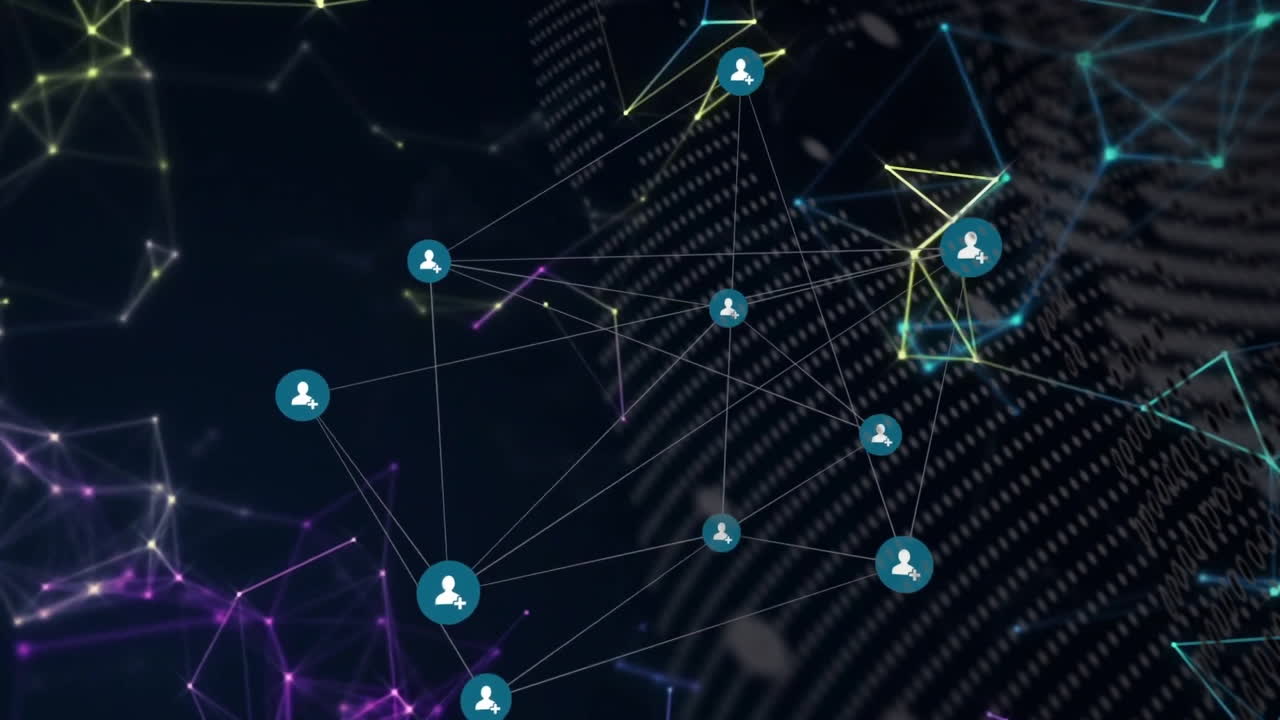 Network of connections and user icons animation over cityscape background
