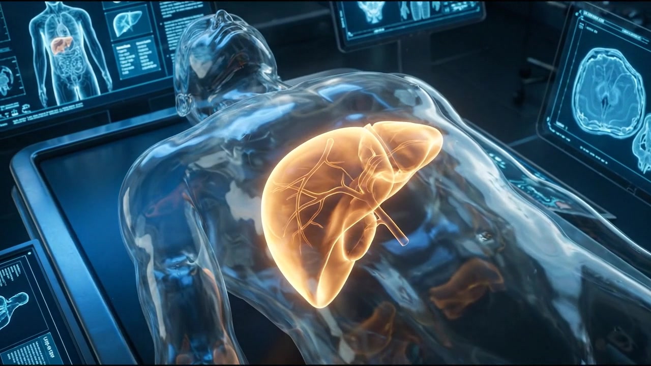 Gloved scientific hand presenting glowing liver hologram in medical laboratory