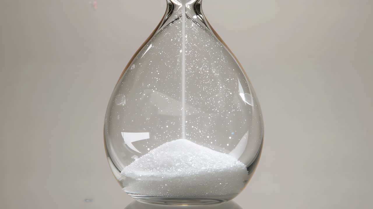 On opening shot hourglass dropping white sand through glass neck on surface, showing time passing