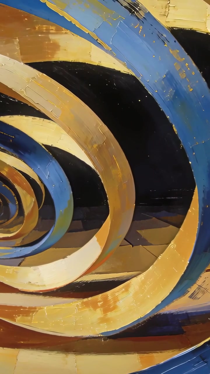 Vídeo vertical: Câmera panorâmica revelando arte em espiral em uma galeria, mostrando faixas douradas e azuis e um vazio preto.