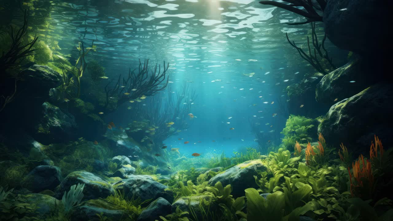 Underwater scene video with a wide-angle view, showcasing vibrant marine life and lush plants