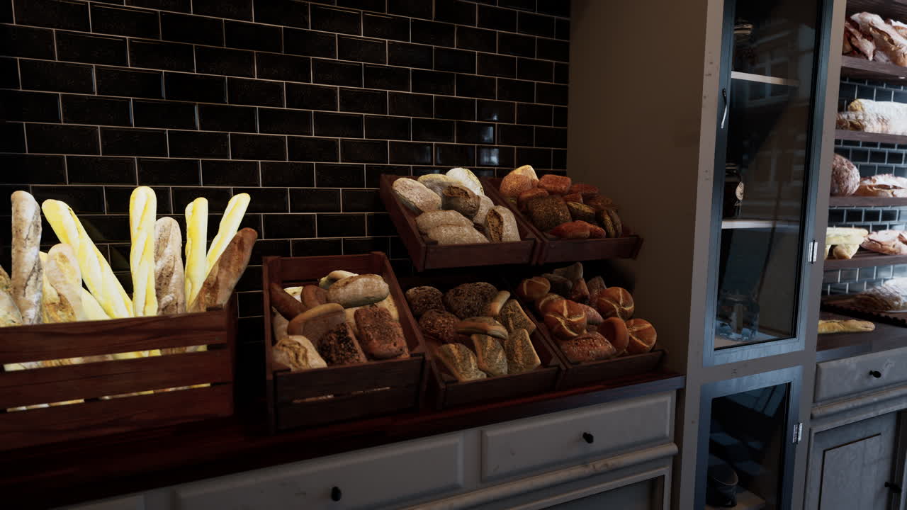 Assorted breads and pastries on display at a bakery