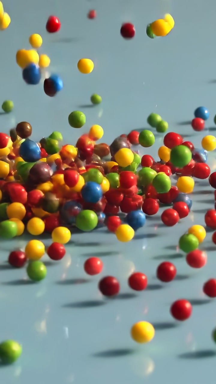Vertical video: Dropping multicolored candy spheres scattering on pale-blue table, casting shadows
