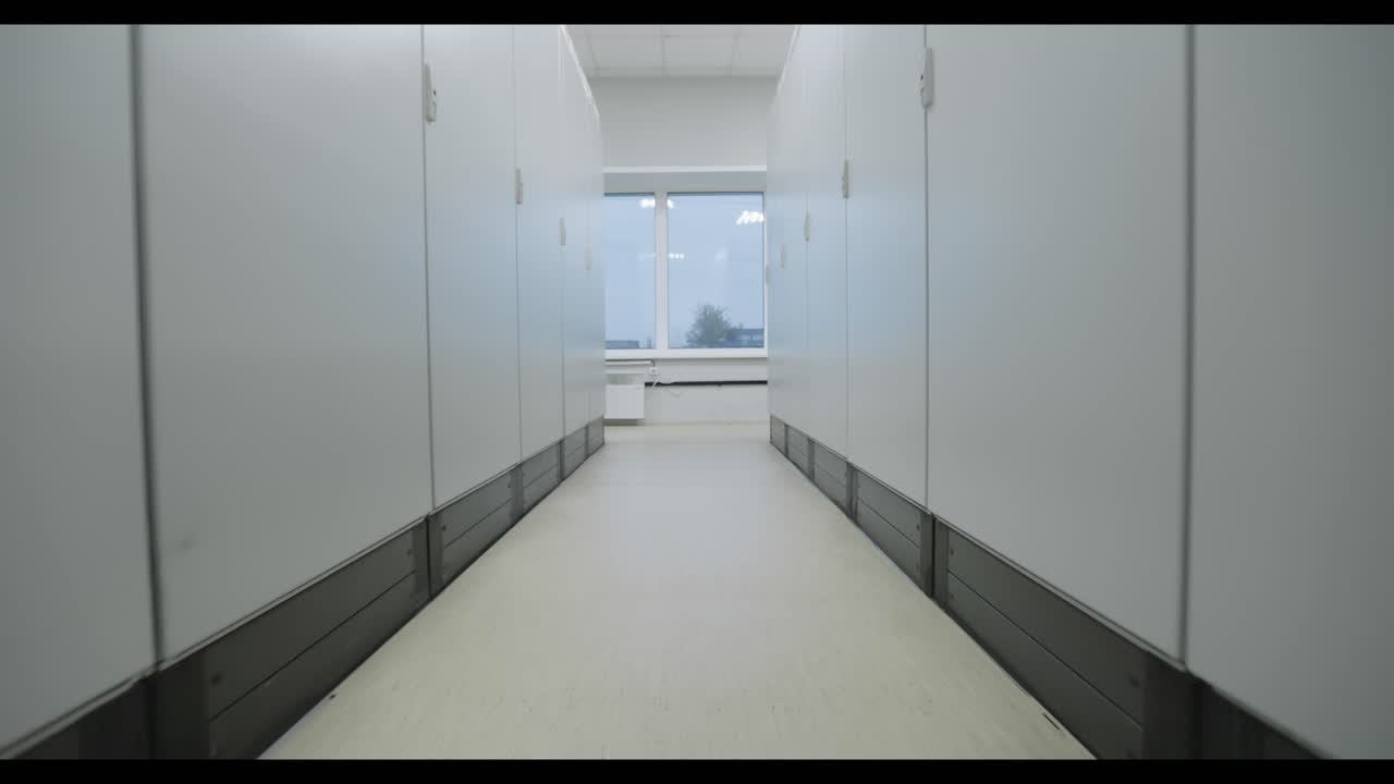 Empty Modern Office Corridor with Storage Racks