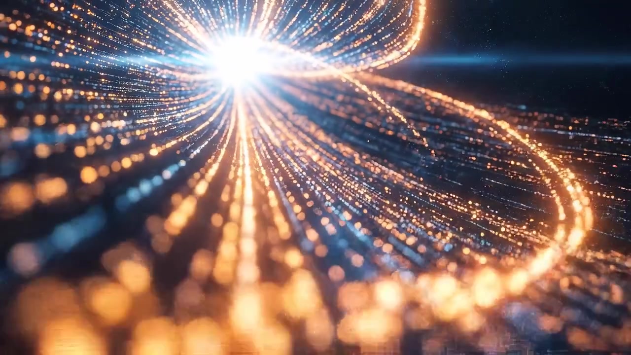 Particelle astratte luminose che fluiscono verso una fonte di luce brillante