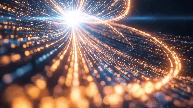 Particelle astratte luminose che fluiscono verso una fonte di luce brillante