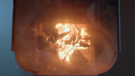 close up of firewood burning inside enclosed fireplace, bright flames flicker and dance around stacked wooden logs, casting warm glow through slightly smudged glass door in indoor rustic setting