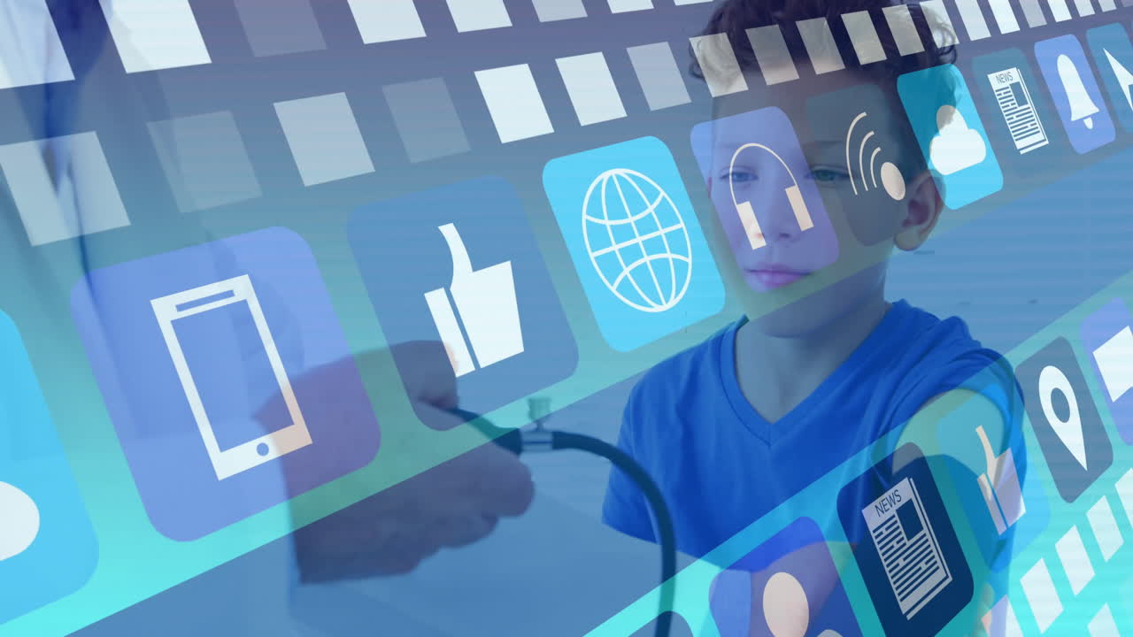 Animation with digital icons, child and adult interacting, school technology focus