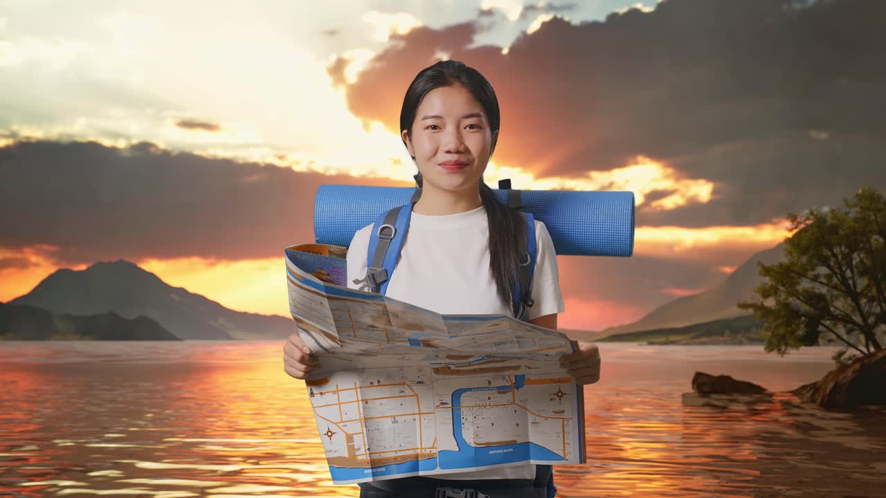 Happy Tourist Woman Looking at a Map at Sunset