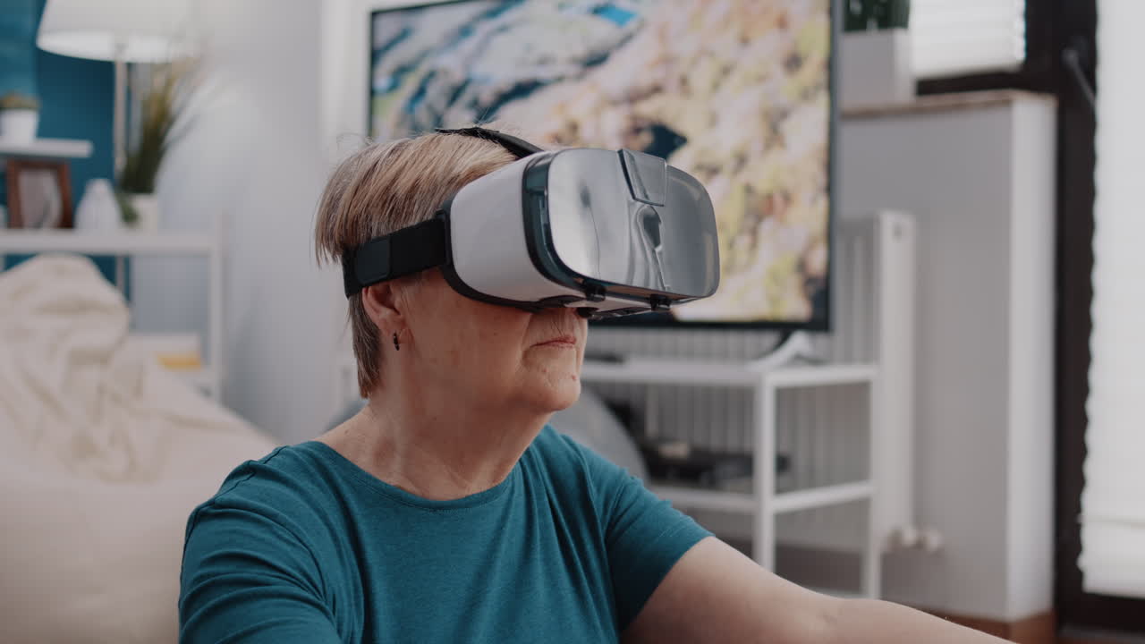 Close up of pensioner meditating with vr glasses at home