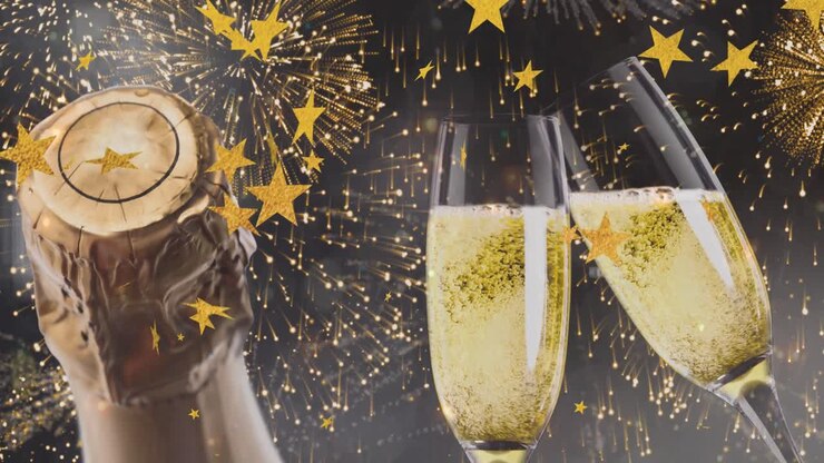 Animazione di stelle dorate che cadono su due calici di champagne che brindano con bottiglia e fuochi d'artificio.