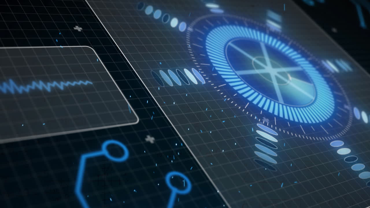 Animation of scope scanning with data processing over colourful light spots on black background