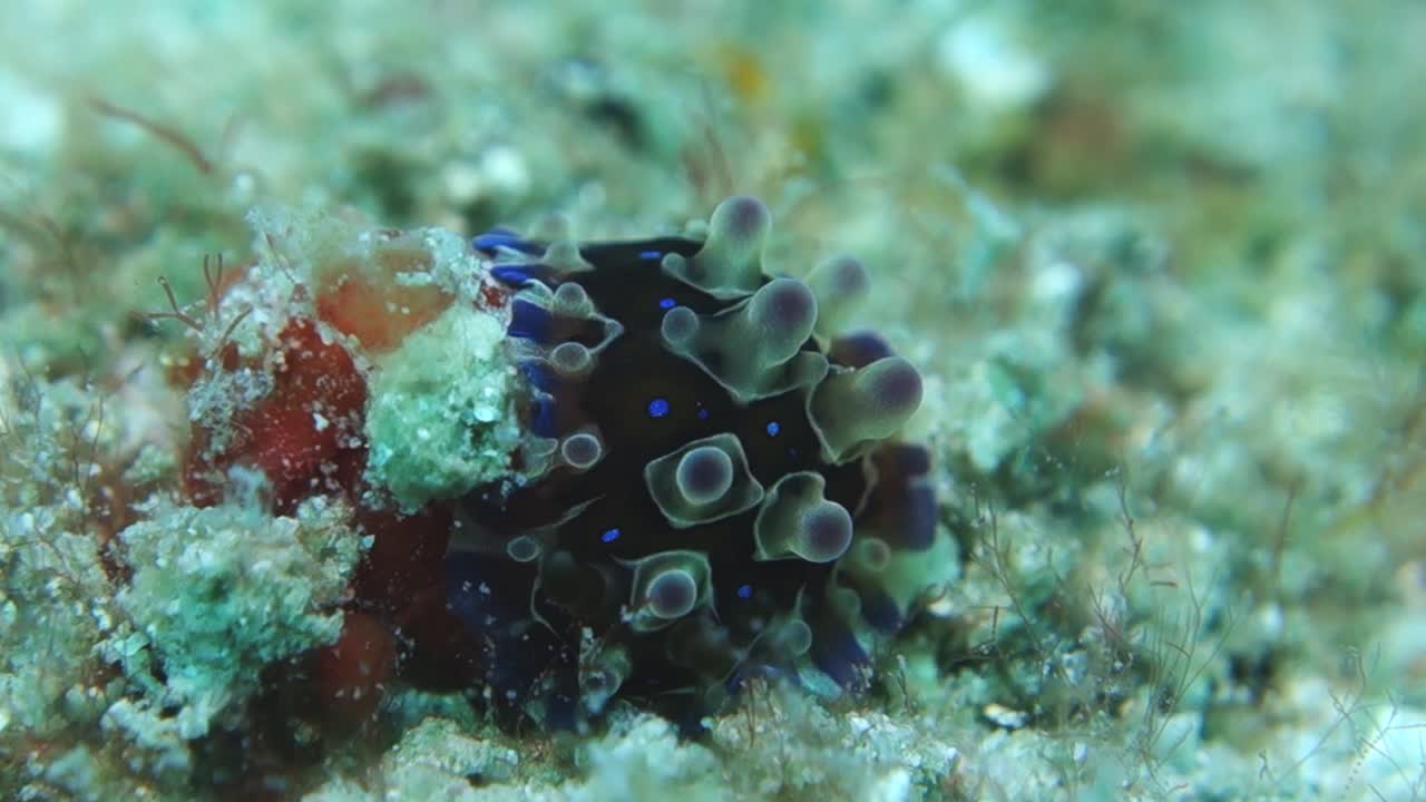 부드러운 몸을 가진 dendrodoris denisoni nudibranch는 움직이지 않는 바다 바닥에 달려 있습니다.