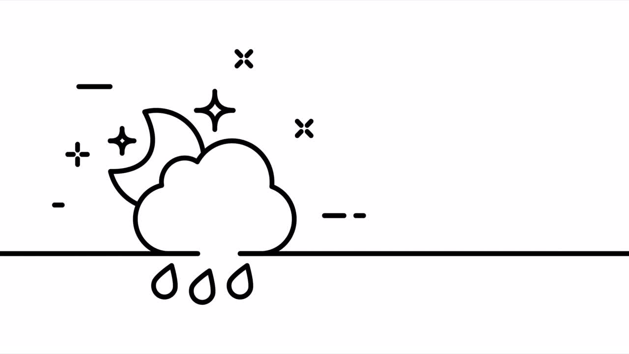 Rain at night. Cloud, moon, raindrops, water, stars, sky, weather. Nature concept. One line drawing animation. Motion design. Animated technology logo. Video 4K