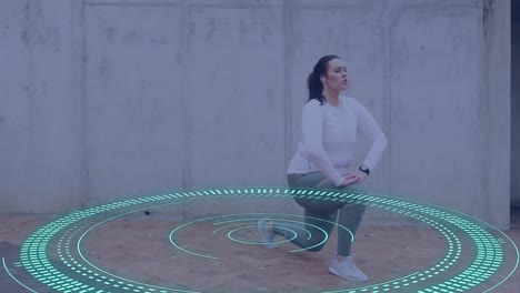 animation of data processing over plus size caucasian woman exercising in city street