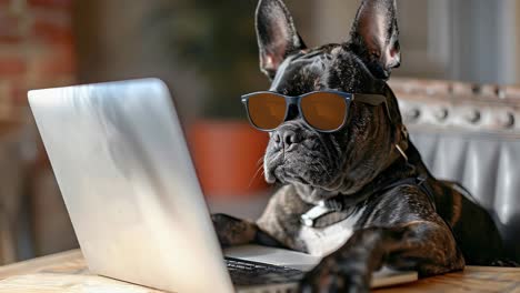 french bulldog with sunglasses working on laptop