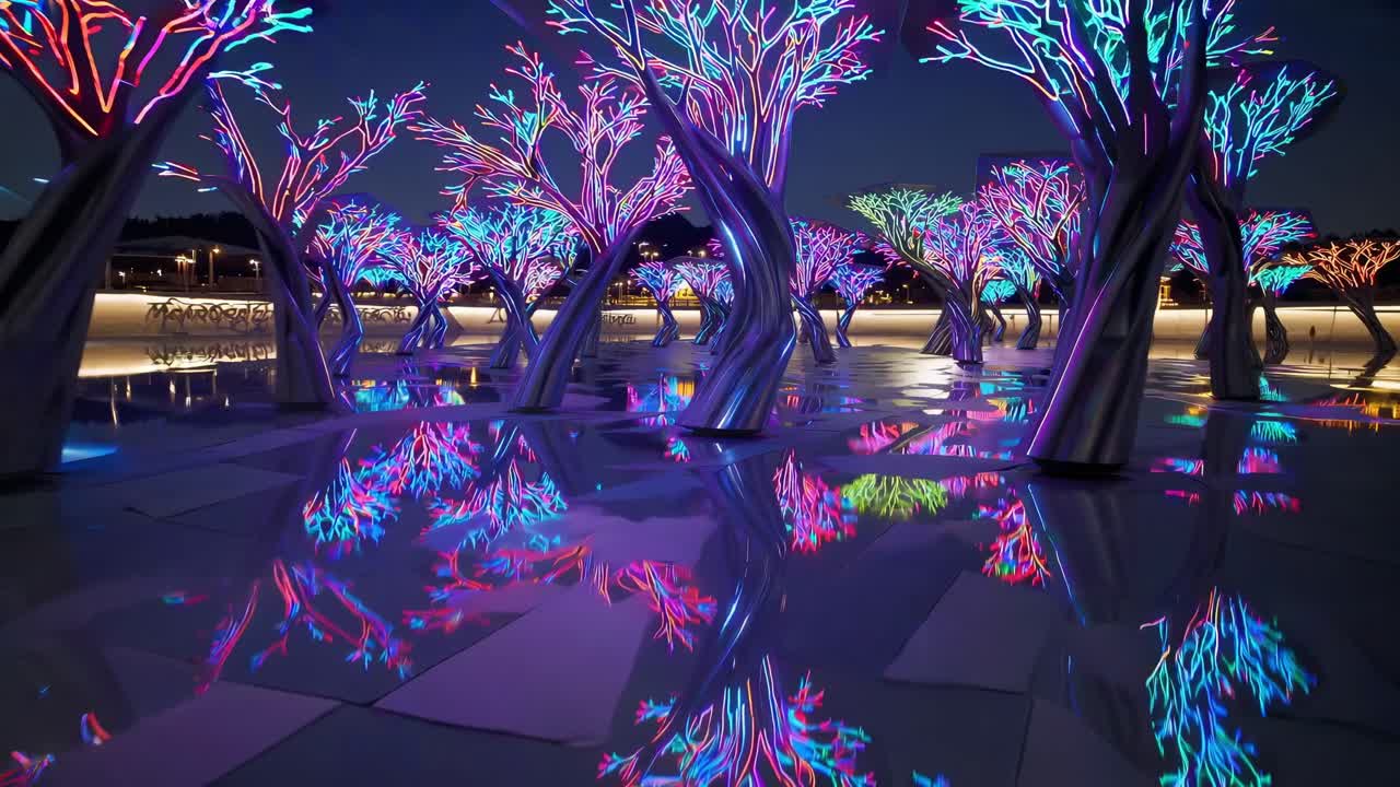 Luminous metal tree sculptures glowing brightly, casting colorful reflections on water surface at Scissortail Park, highlighting Oklahoma City's urban landscape during nighttime