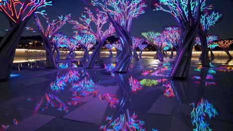 luminous metal tree sculptures glowing brightly, casting colorful reflections on water surface at scissortail park, highlighting oklahoma city's urban landscape during nighttime
