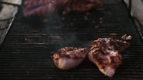 Closeup-chicken-fillet-grilling-outdoor.-Tasty-chicken-meat-roasting-on-grill.