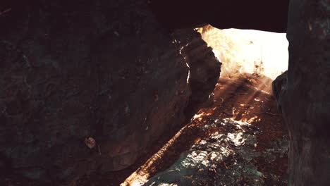 sunbeams streaming through a cave entrance