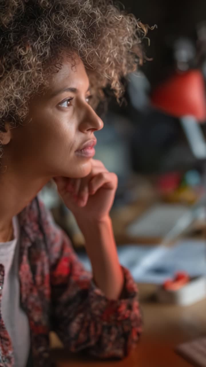 Contemplation and Creativity: A Thoughtful Young Woman Lost in Reflection, Enveloped by Dim Light and the Subtle Ambiance of Her Workspace