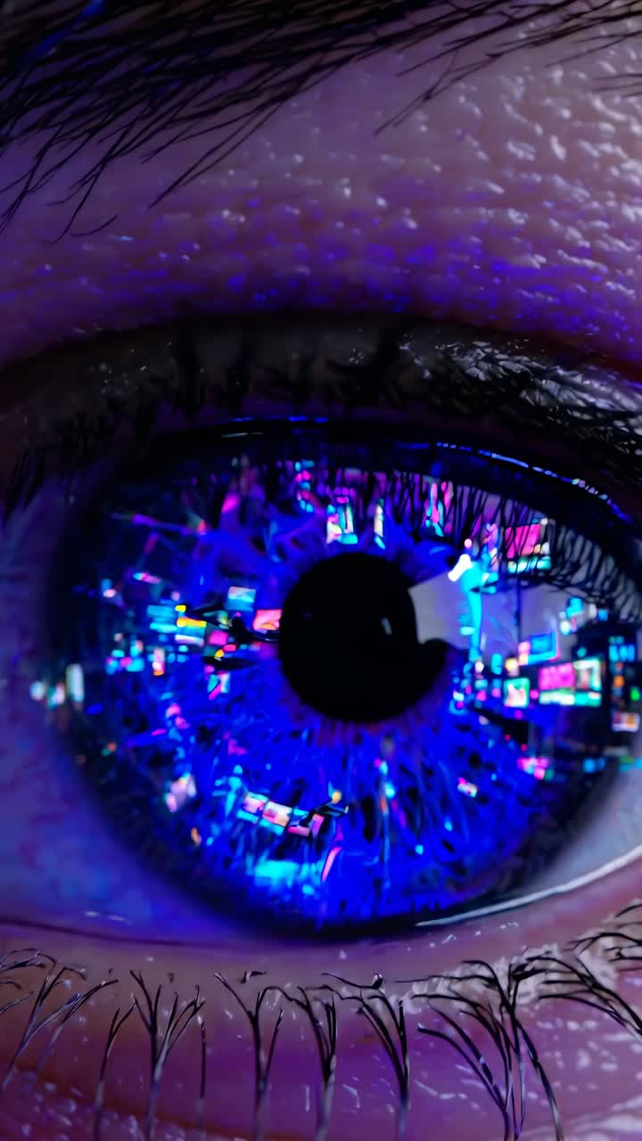Close-up video of an eye reflecting neon city lights, capturing a futuristic, cyberpunk style