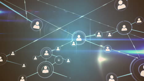 animation of network of profile icons over blue light spots against grey background