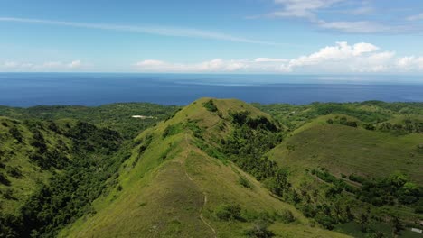 lush green hills and ocean under a bright blue sky on a sunny day, aerial view