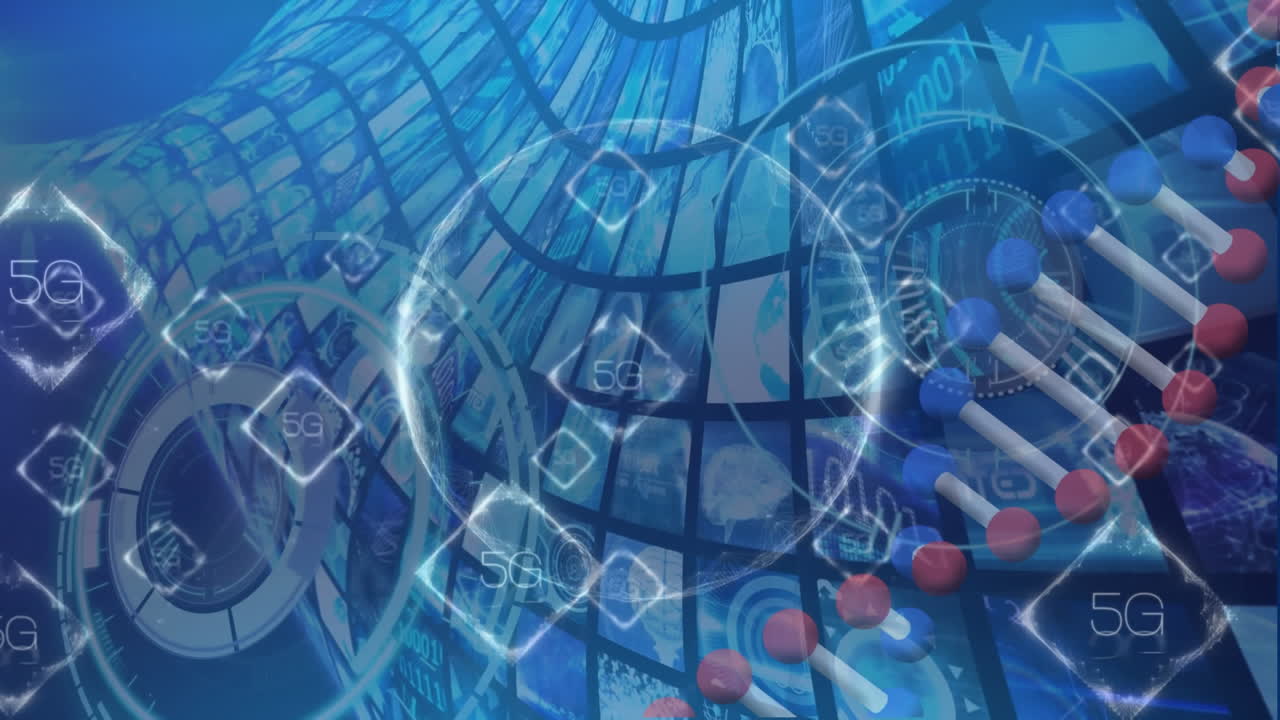 연구실에서 일하는 남성 과학자에 대한 dna 스트랜드 및 데이터 처리의 애니메이션