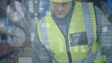 animación de estadísticas y procesamiento de datos financieros sobre el hombre que trabaja en el almacén