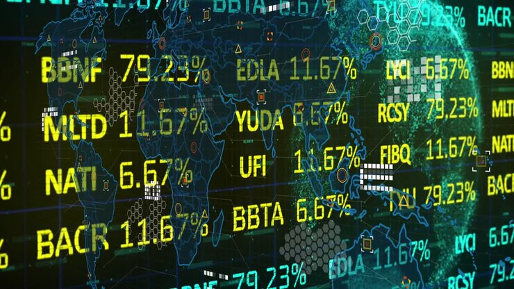 Animazione di elaborazione dati e borsa con mappa del mondo e globo su sfondo nero