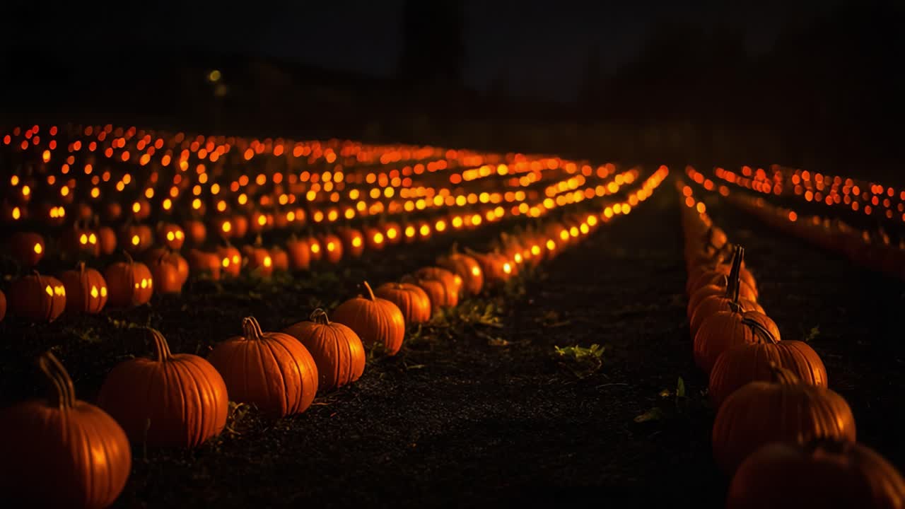 A Spooky Pumpkin Field Illuminated by Glowing Lanterns at Night, Showcasing Rows of Vibrant Orange Pumpkins Ready for Halloween Festivities