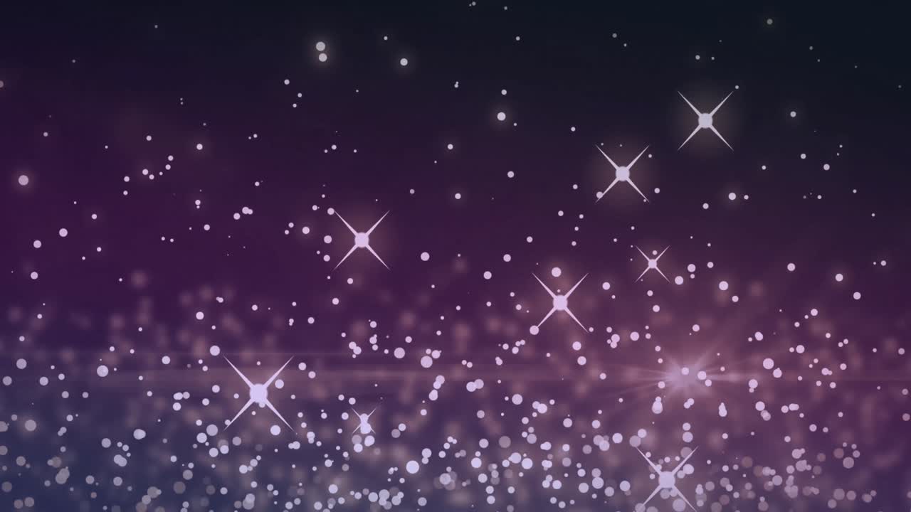 White sparkles and glowing spots moving against purple background