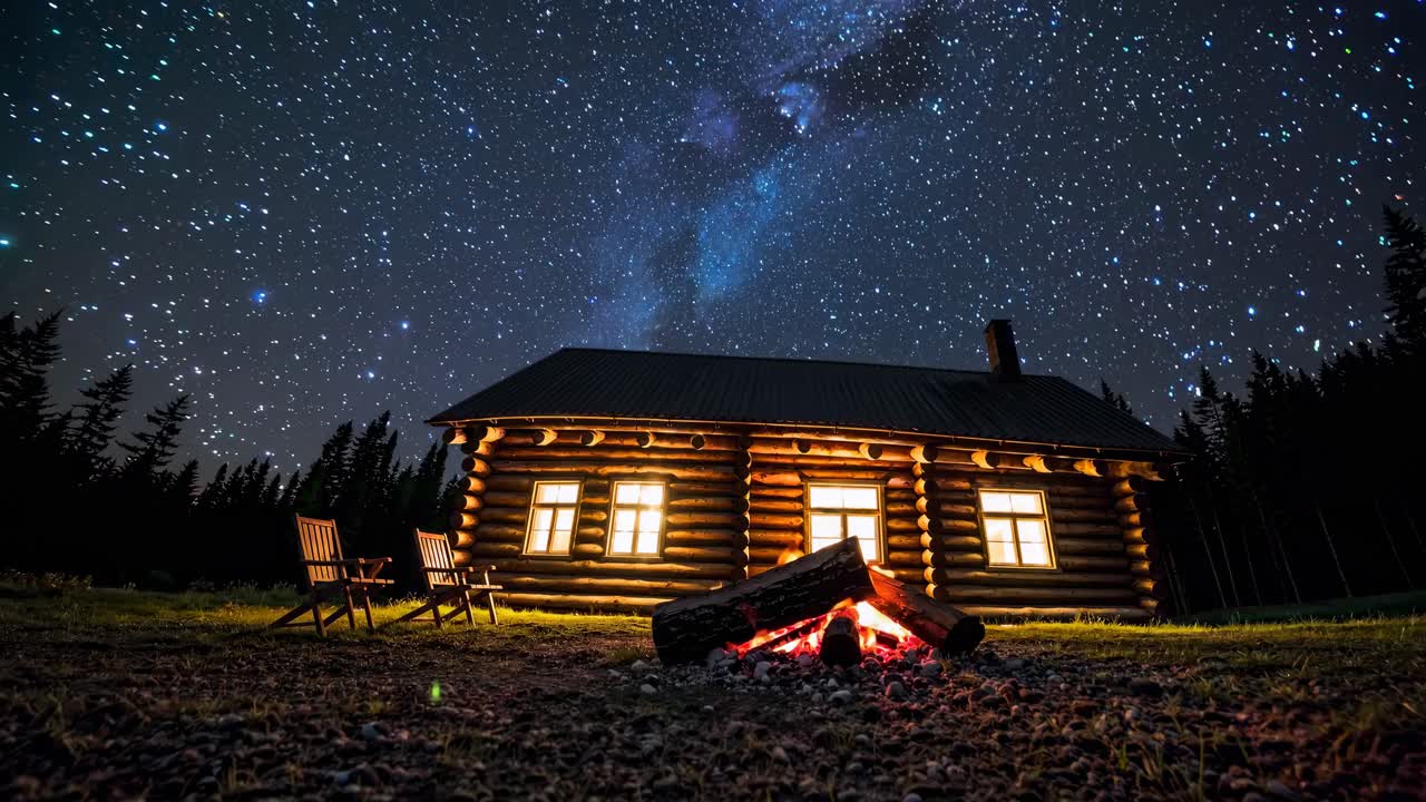 A low-angle video captures a cozy log cabin under a starry sky, with a glowing campfire
