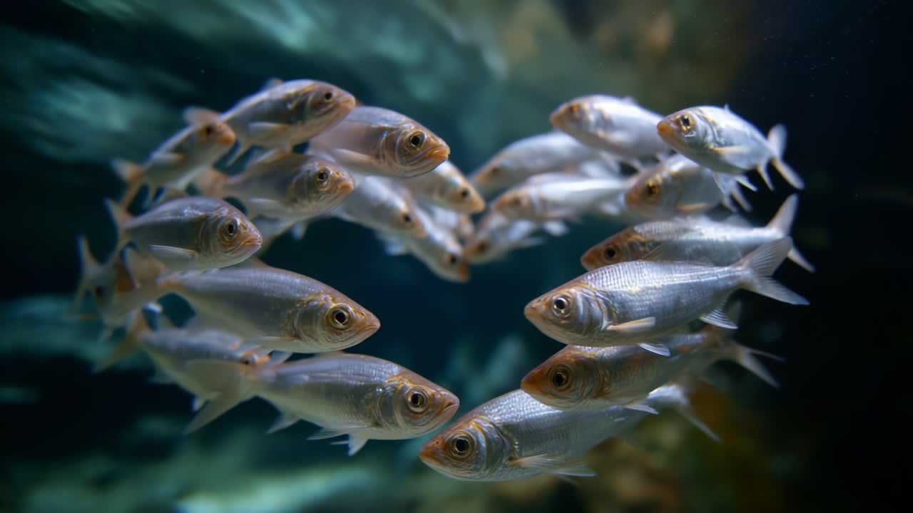Una splendida formazione di pesci che creano un cuore sott'acqua in un ambiente acquatico, che mette in mostra l'eleganza della vita marina in unità e armonia