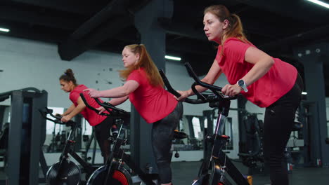 grupo de amigas sonrientes mujeres clase de ejercicio, entrenamiento, girar en bicicleta estacionaria en un gimnasio moderno