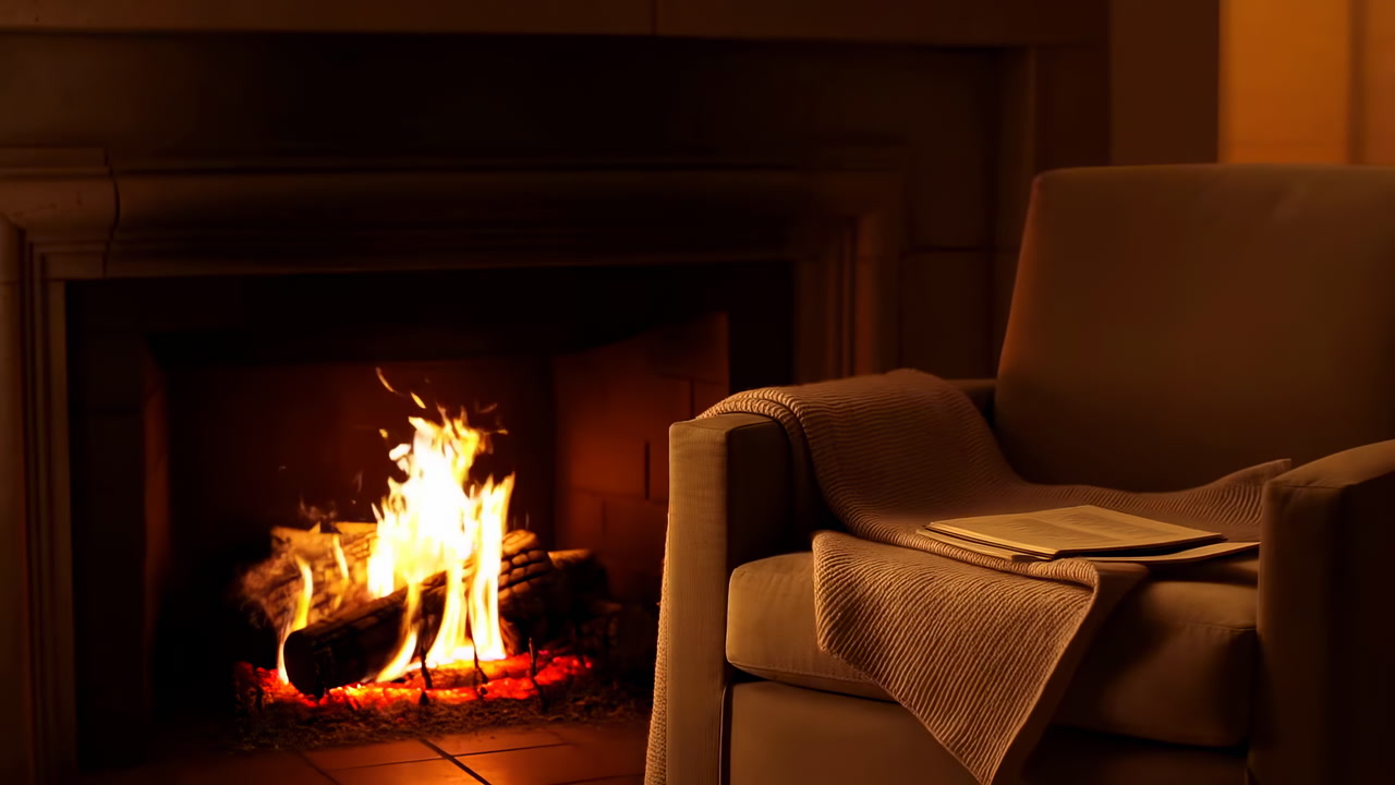 Warm Living Room Fireplace With Armchair. Soft Blanket Draped Over Chair, Glowing Logs And Ember Bed,