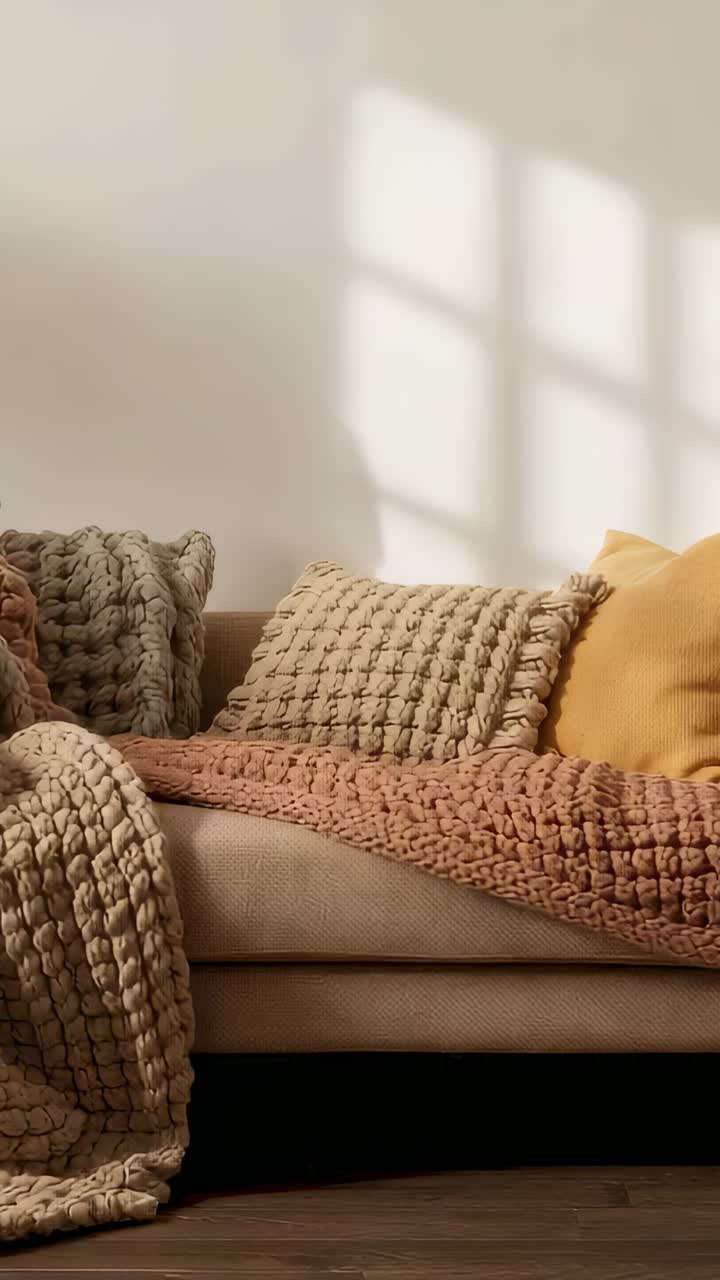 Video verticale: Luce solare che si sposta su un divano beige a casa, mostrando plaid color crema e senape