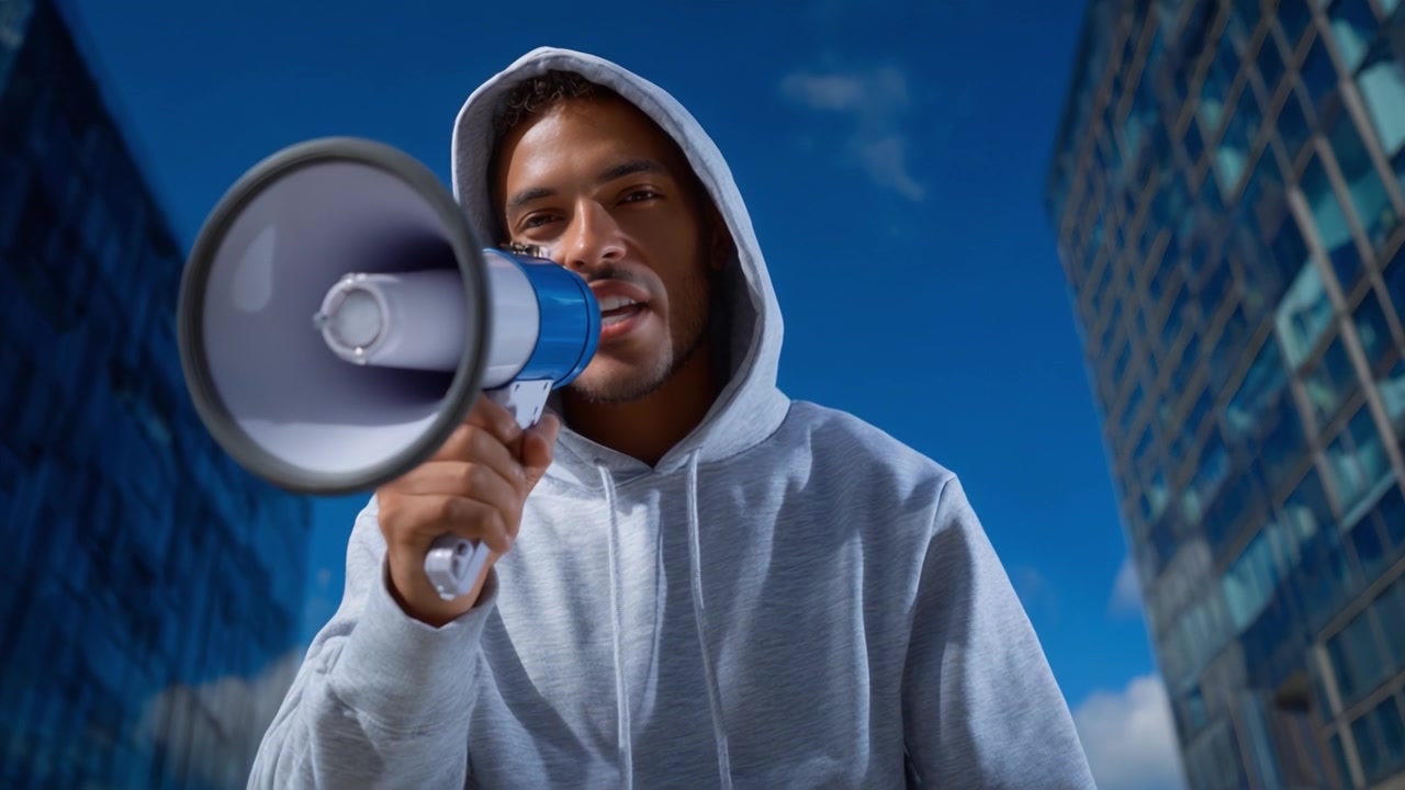 Một chàng trai trẻ mặc áo hoodie tự tin đứng ngoài trời, nhiệt tình phát biểu trước đám đông bằng loa phóng thanh, phía sau là những tòa nhà kính hiện đại và bầu trời xanh trong vắt