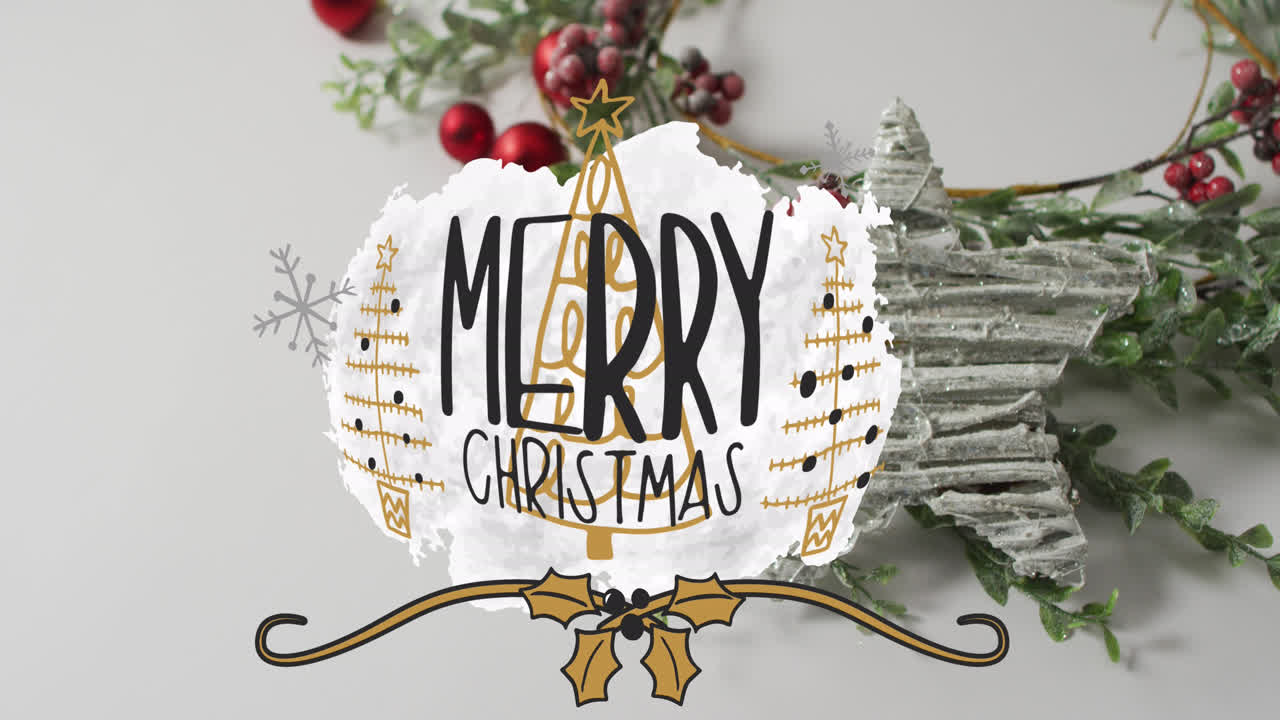 animación del texto de feliz navidad sobre las decoraciones navideñas