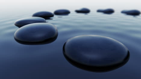 animation is showing 12 black pebbles inside water with the outstanding top. a fabulous path to jump through avoiding falling down to the basin. relaxing cloudless sky background. loopable. hd