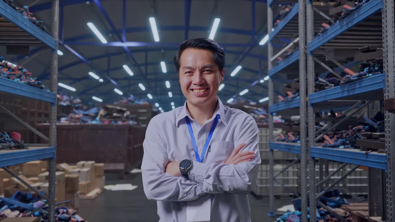 Scatto che ritrae un lavoratore professionista asiatico in piedi in un magazzino industriale di rottami metallici e riciclaggio, con un ampio sorriso rivolto alla fotocamera e le braccia incrociate sul petto.