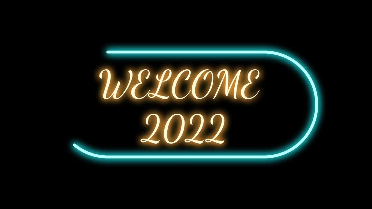 Welcome 2022 word in circular motion shape with loopable background. New year isolated on black screen with golden and blue neon light.