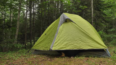 man getting out of a small camping tent's door